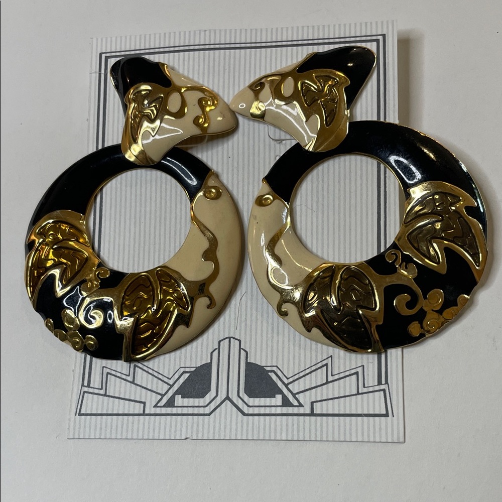 Vintage Bold Gold Pierced Earrings Metal Gold Black and Cream Enamel 1980's